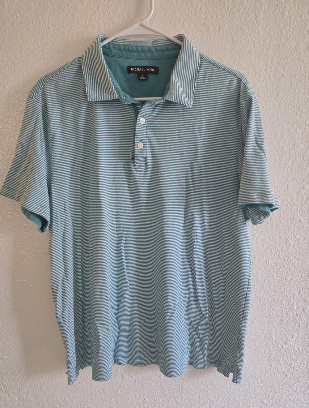 Michael Kors Mens teal and white striped polo shirt Sz L EUC